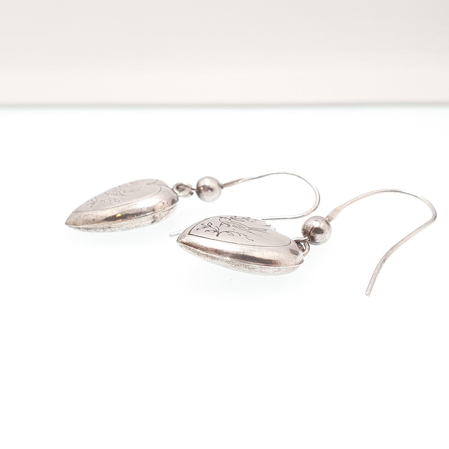 Antique Victorian Solid Silver Heart Bird Earrings Engraved Songbird Hook Dangle Womens Ladies Jewelry Vintage Jewellery
