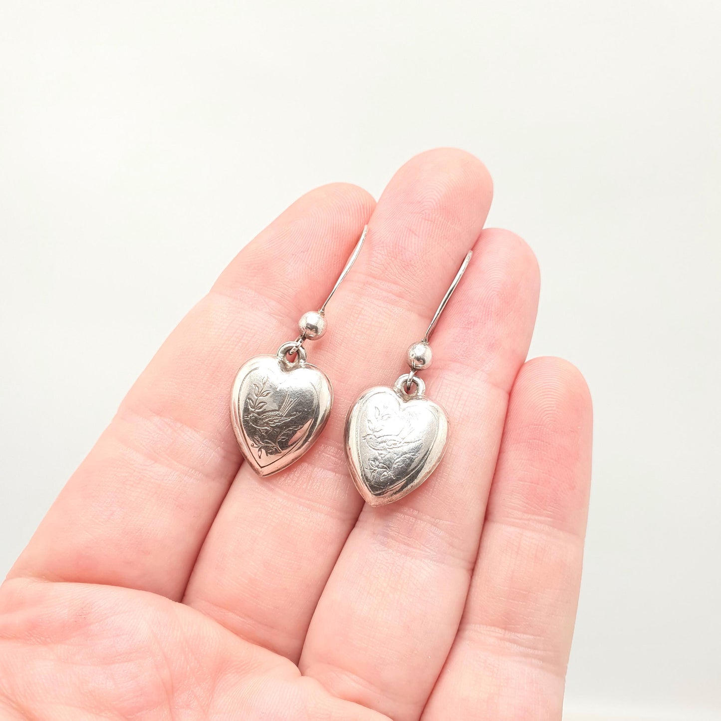 Antique Victorian Solid Silver Heart Bird Earrings Engraved Songbird Hook Dangle Womens Ladies Jewelry Vintage Jewellery