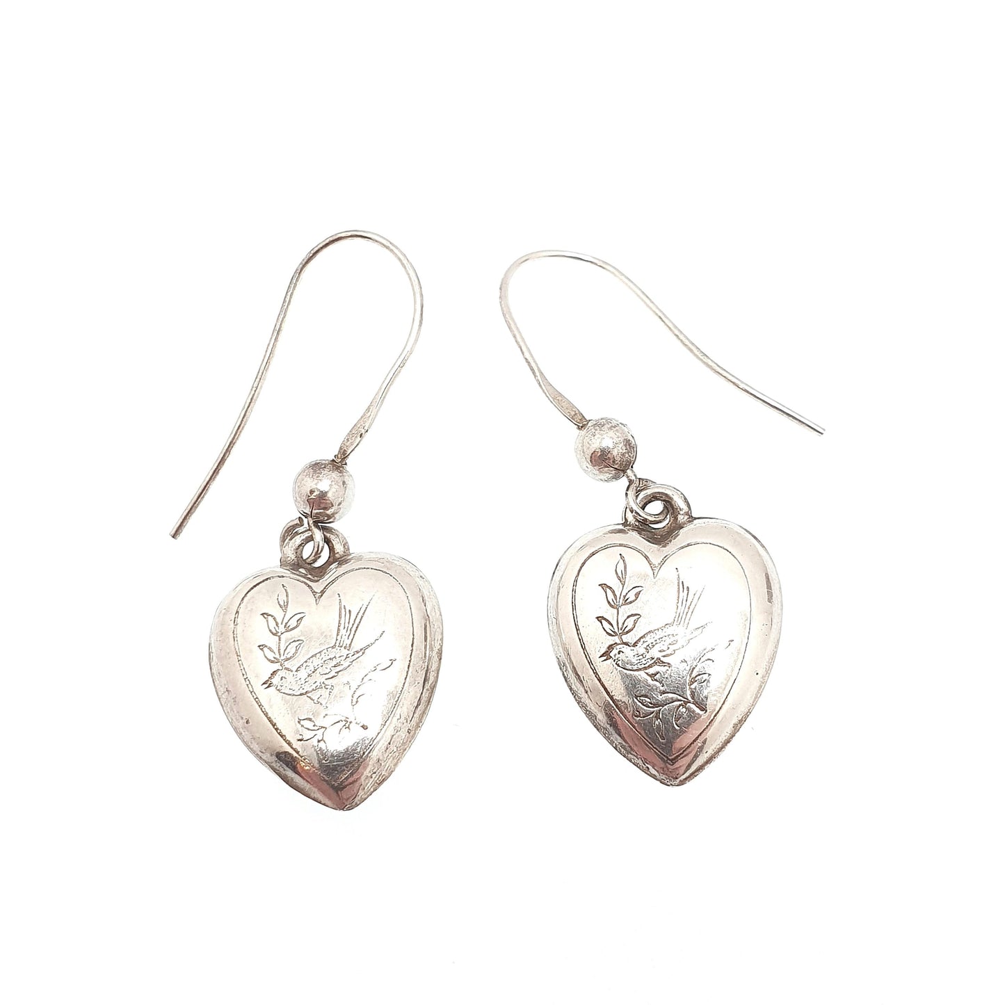 Antique Victorian Solid Silver Heart Bird Earrings Engraved Songbird Hook Dangle Womens Ladies Jewelry Vintage Jewellery