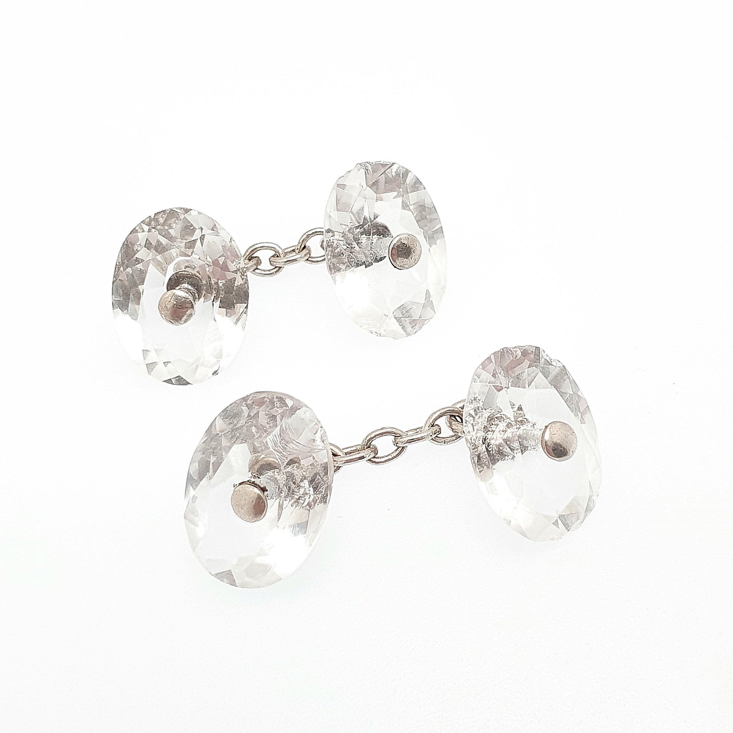 Antique Rock Crystal Quartz Cuff Links Solid Silver Victorian Cufflinks Genuine Gemstone Oval Cut Gents Mens Vintage Jewelry Jewellery