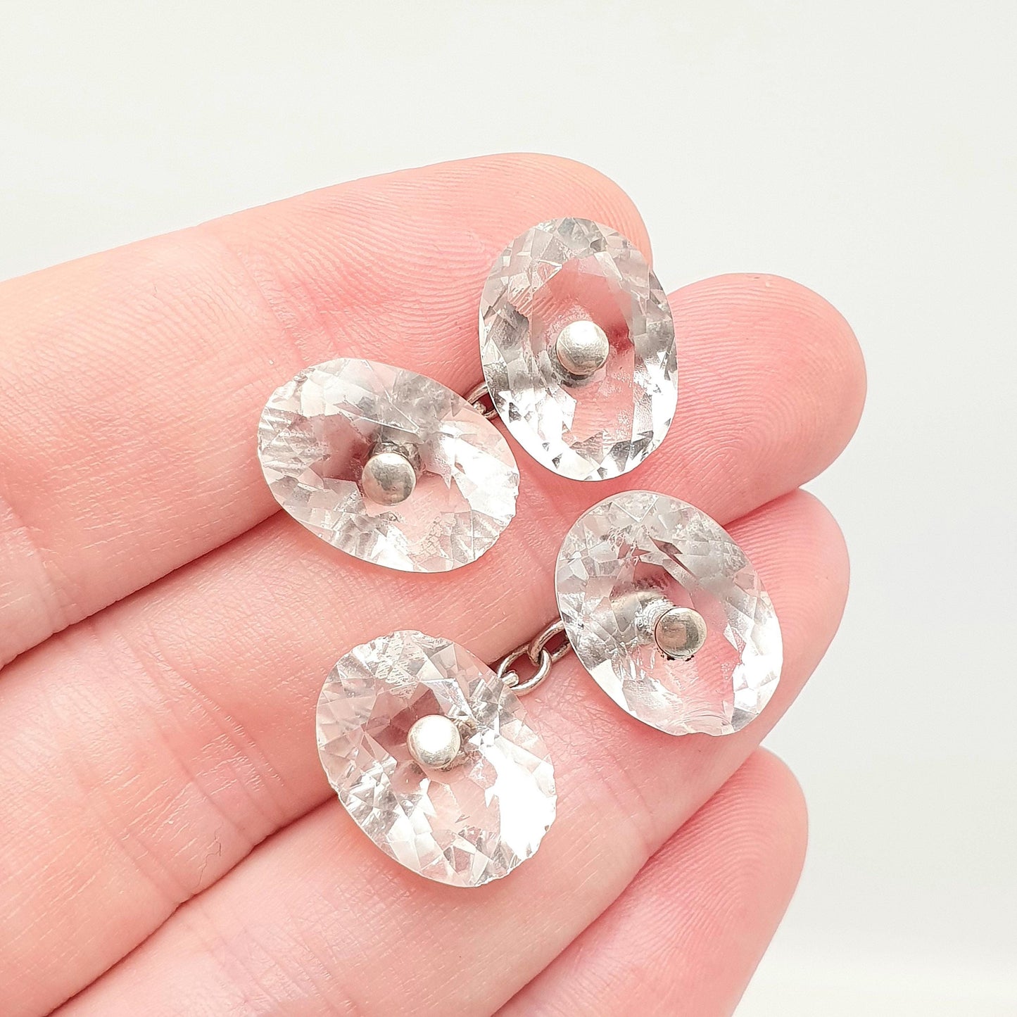 Antique Rock Crystal Quartz Cuff Links Solid Silver Victorian Cufflinks Genuine Gemstone Oval Cut Gents Mens Vintage Jewelry Jewellery