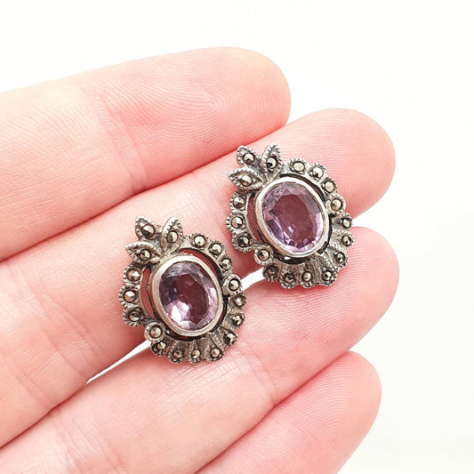 Antique Sterling Silver Amethyst Earrings Genuine Amethyst Art Deco Marcasite Vintage 1920s  Cluster Womens Jewelry Jewellery