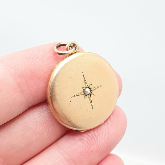 Antique Rolled Gold Locket Seed Pearl Star Set Necklace Pendant Star Yellow Filled Round Circle Vintage Jewellery Jewelry