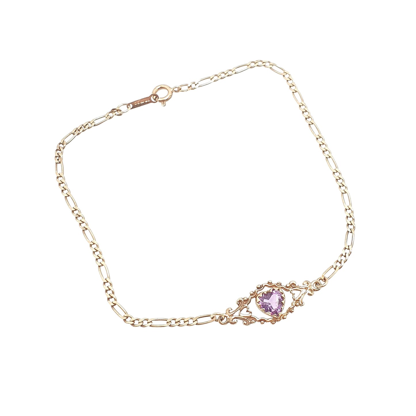 Vintage 9k 9ct Gold Amethyst Bracelet Heart Cut Figaro Link Chain 19cm 7.5" 1.66g Hallmarked Solid 9kt 9 Carat Womens Jewellery Jewelry