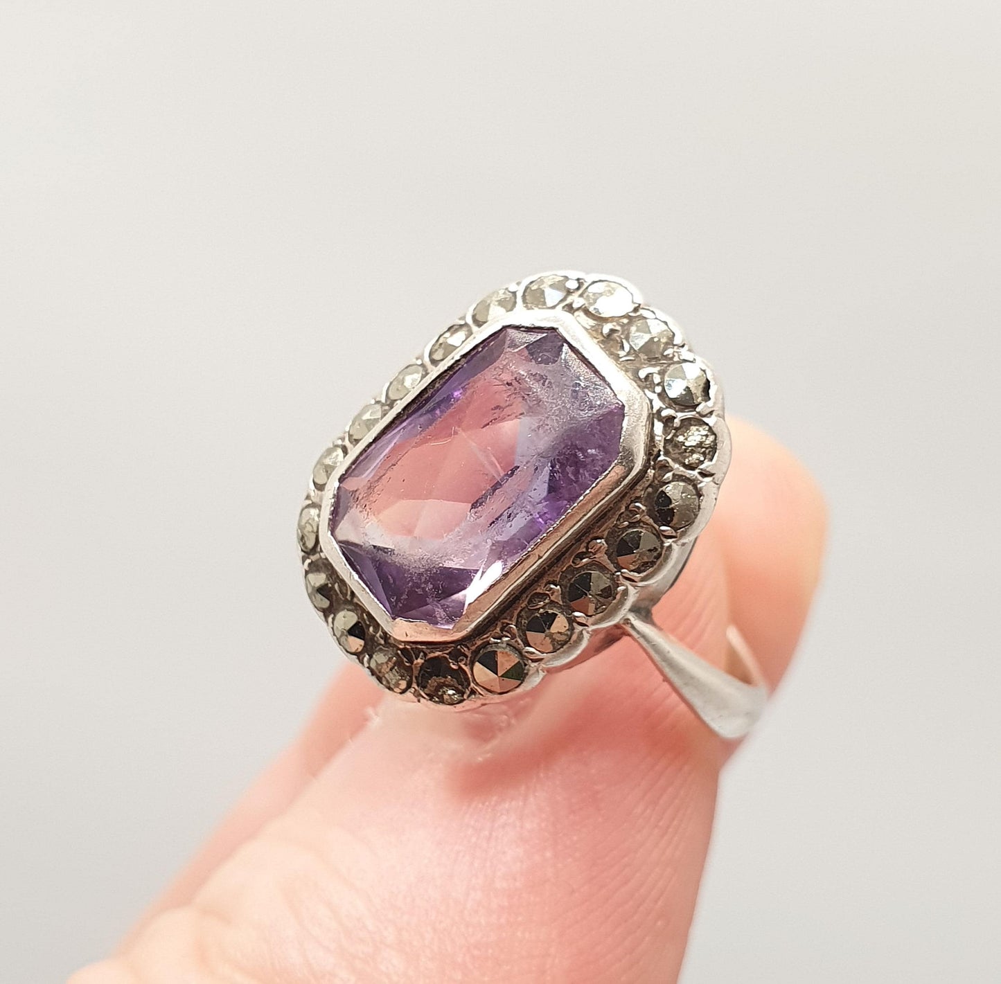 Antique Art Deco Amethyst Sterling Silver Ring 1920s Vintage Signet Rectangular Cut Halo Cluster Gemstone Womens Jewelry Vintage Jewellery