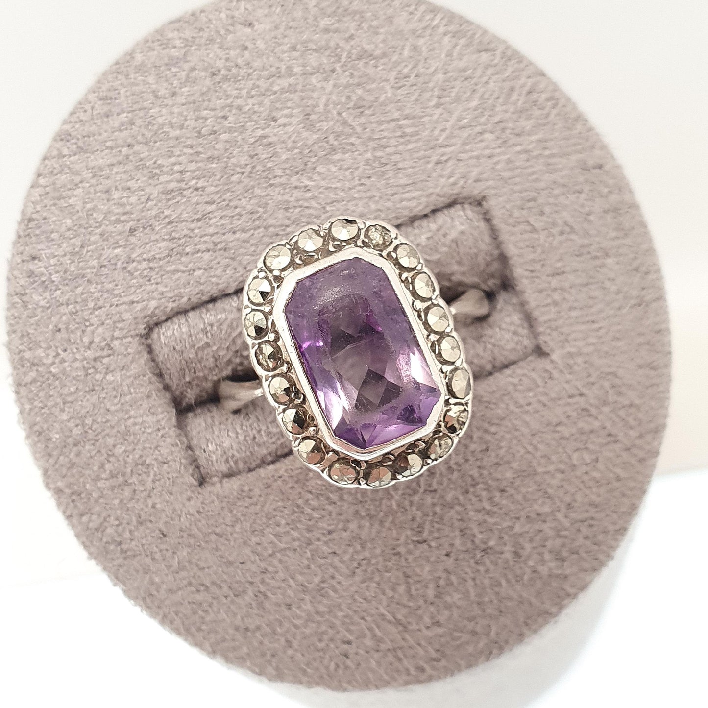 Antique Art Deco Amethyst Sterling Silver Ring 1920s Vintage Signet Rectangular Cut Halo Cluster Gemstone Womens Jewelry Vintage Jewellery