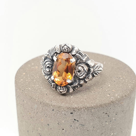 Antique Solid Silver Natural Citrine Ring Arts & Crafts Victorian Genuine Real Gemstone Oval Cut Vintage Women Jewellery Jewelry