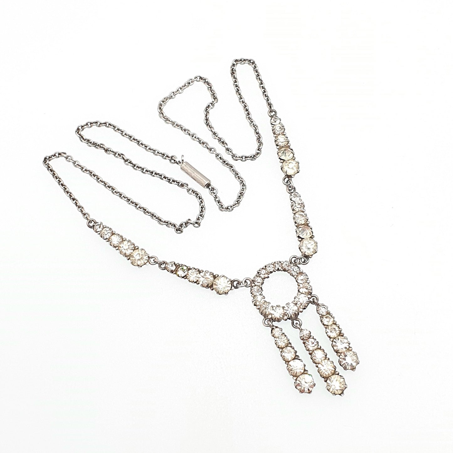 Antique Sterling Silver Diamond Paste Necklace Art Deco Tassel Pendant 1920s Vintage Chain Link Womens Jewellery Jewelry