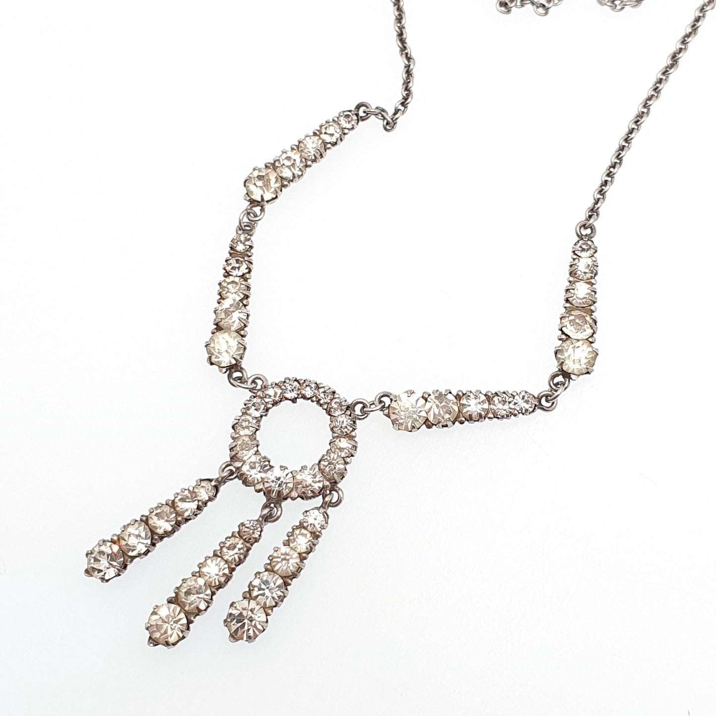 Antique Sterling Silver Diamond Paste Necklace Art Deco Tassel Pendant 1920s Vintage Chain Link Womens Jewellery Jewelry