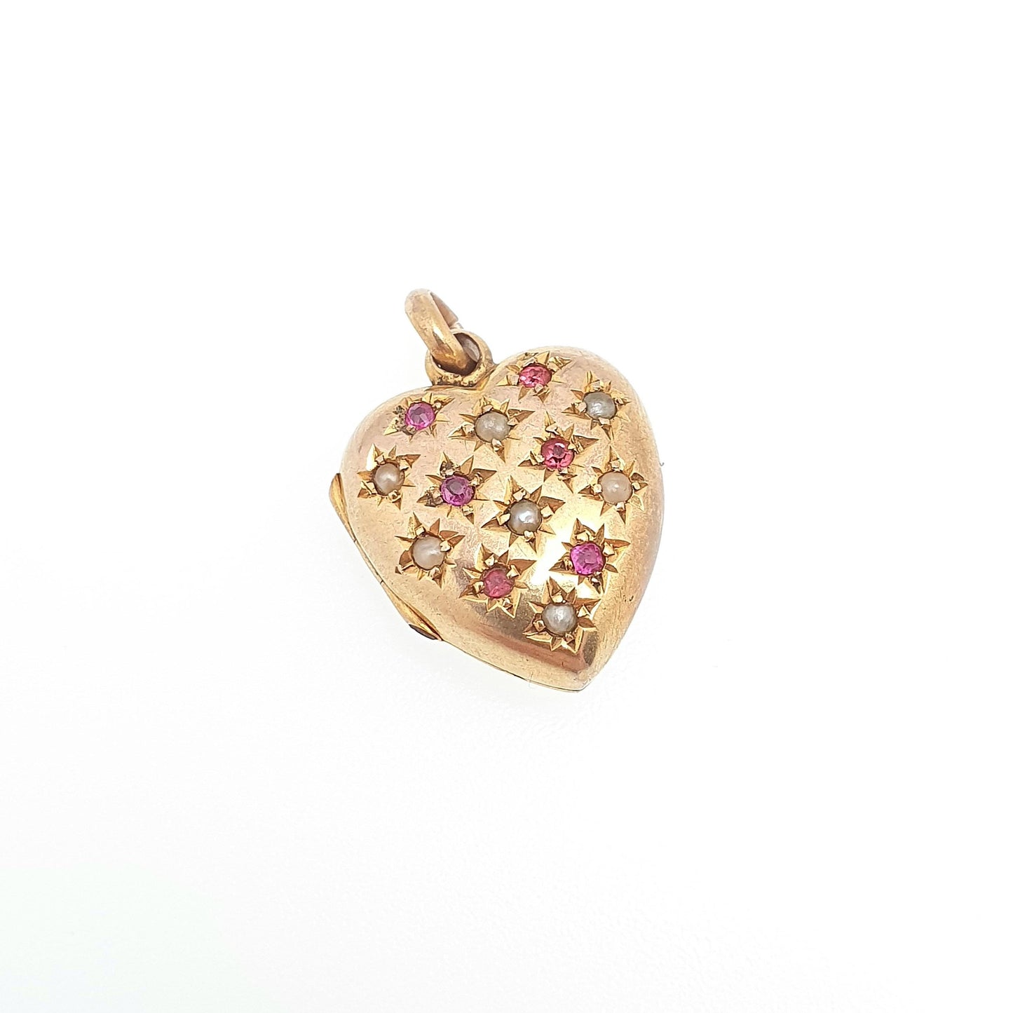 Antique 9ct 9k Gold Heart Locket Ruby Paste Seed Pearl Pave Set Victorian Pendant Back Front Small Photo Vintage Jewelry Jewellery