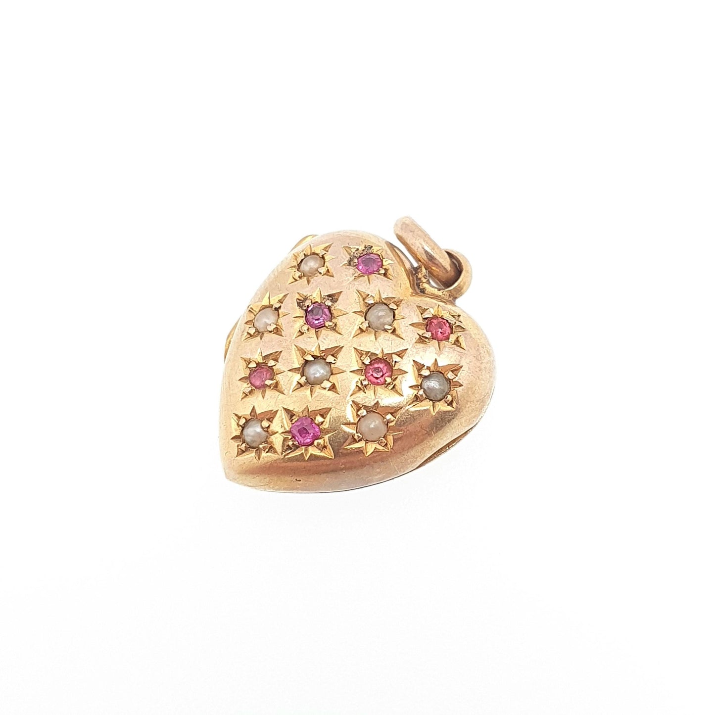 Antique 9ct 9k Gold Heart Locket Ruby Paste Seed Pearl Pave Set Victorian Pendant Back Front Small Photo Vintage Jewelry Jewellery