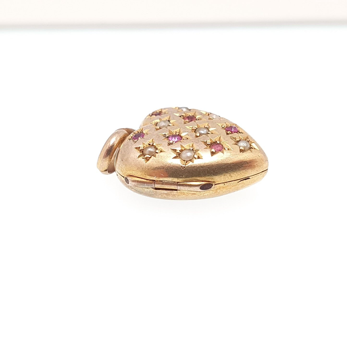 Antique 9ct 9k Gold Heart Locket Ruby Paste Seed Pearl Pave Set Victorian Pendant Back Front Small Photo Vintage Jewelry Jewellery