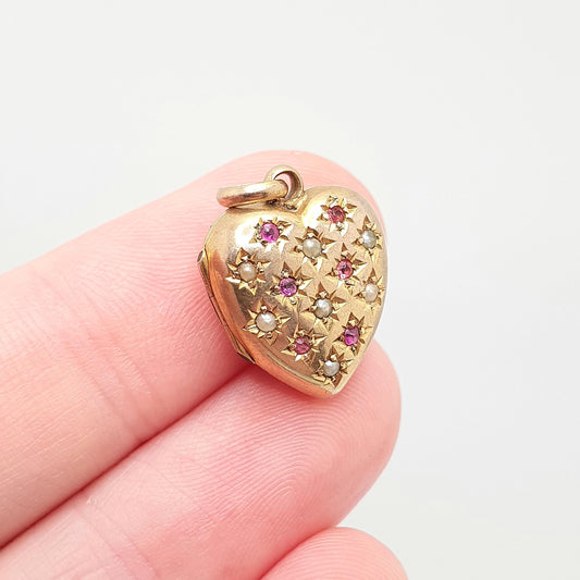 Antique 9ct 9k Gold Heart Locket Ruby Paste Seed Pearl Pave Set Victorian Pendant Back Front Small Photo Vintage Jewelry Jewellery