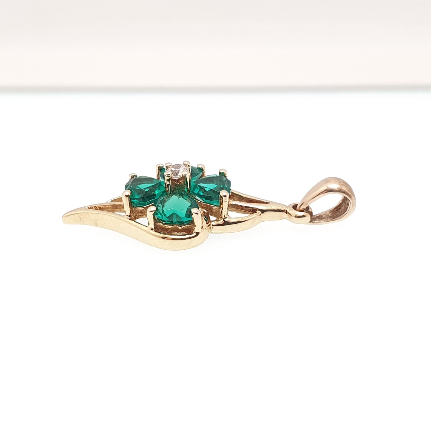 Vintage 9ct 9k Gold Clover Pendant Green Spinel & CZ Necklace Gemstone Solid 375 Lucky Good Luck Irish Jewelry Jewellery
