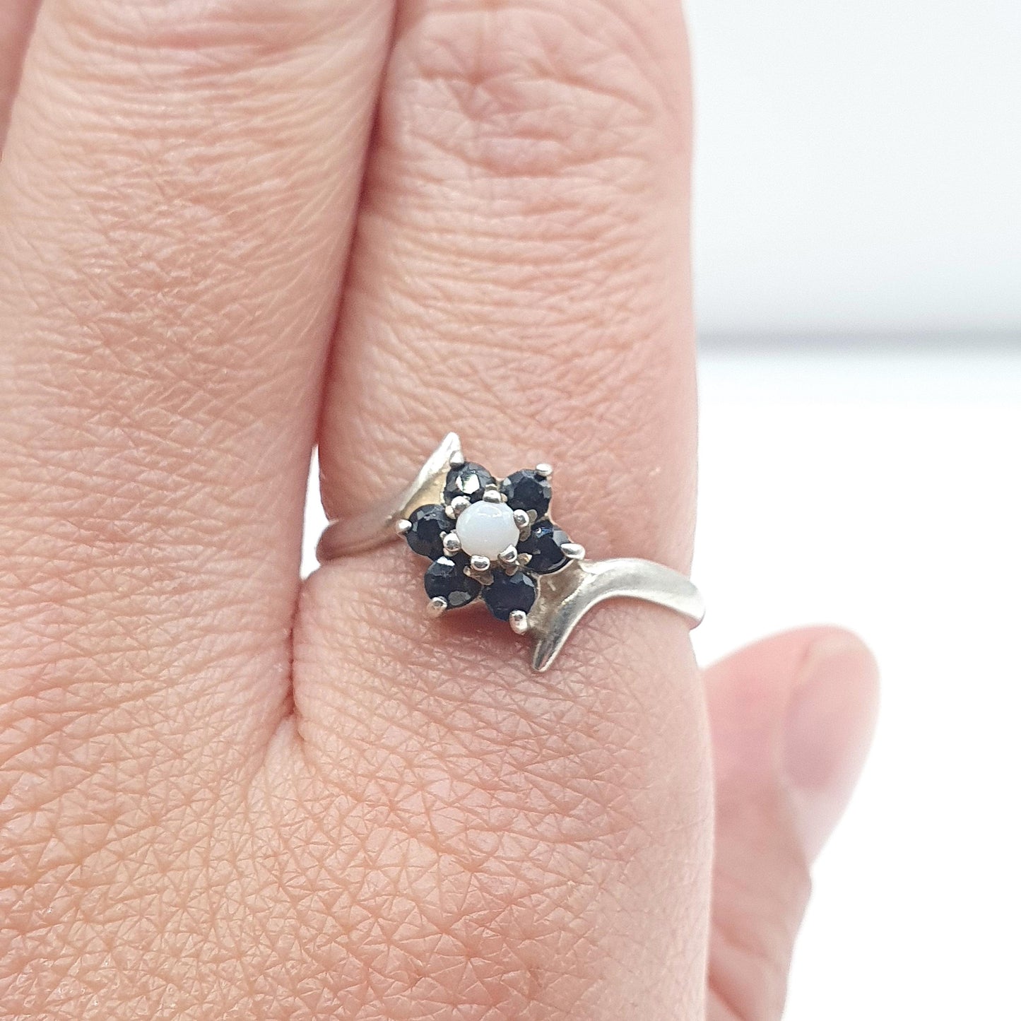 Vintage Sterling Silver Sapphire & Opal Cluster Ring Blue Gemstone Halo 1993 Hallmark Womens Girls Jewelry Jewellery