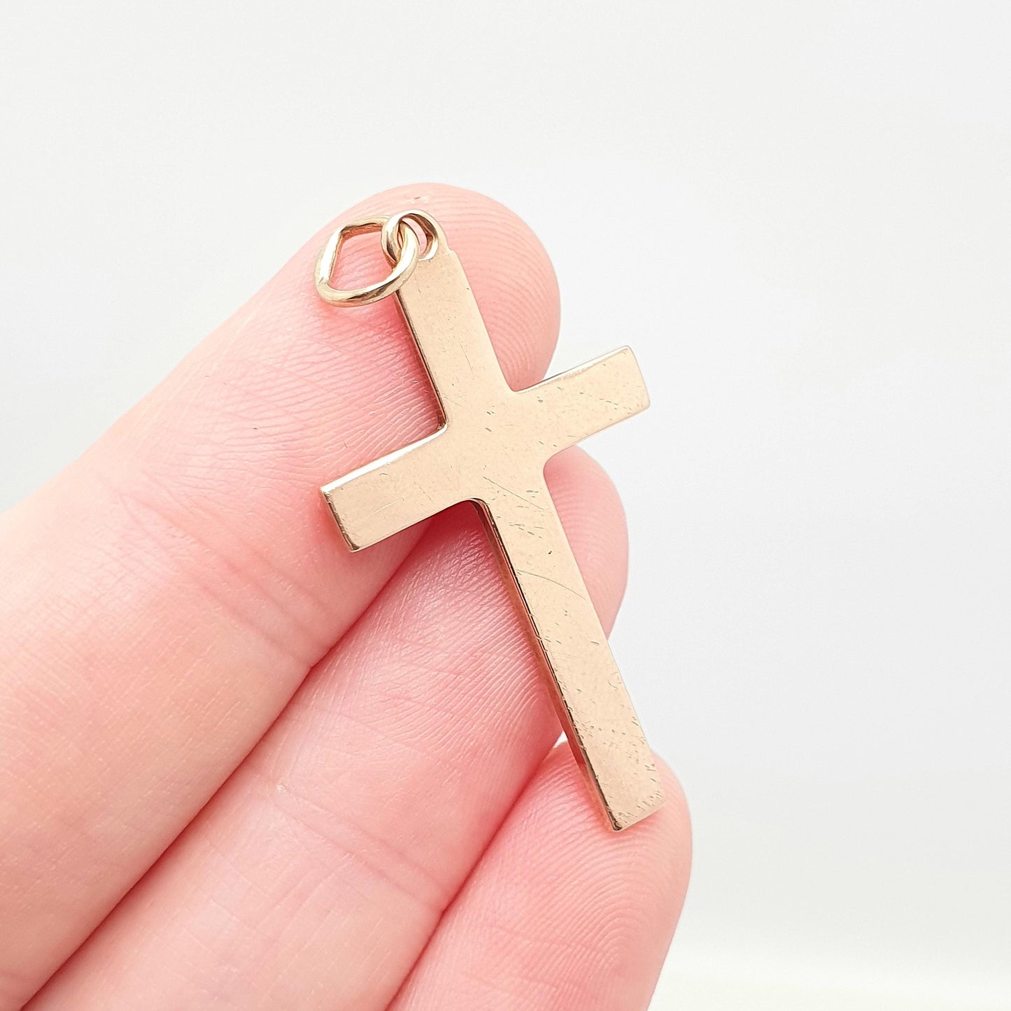 Antique 9ct 9k Rose Gold Cross Necklace Crucifix Pendant Plain Smooth 1905 Hallmark Solid 375 Vintage Womens Mens Jewellery Jewelry