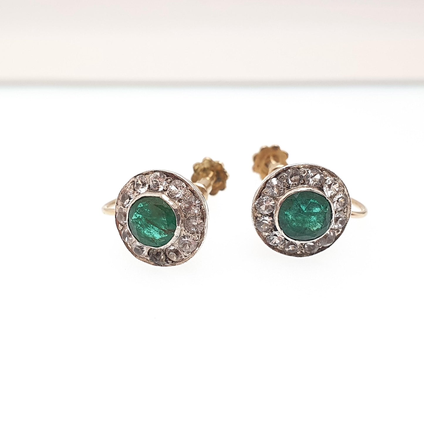 Antique 9k 9ct Gold Emerald Earrings White Sapphire Cluster Halo Solid Silver Set Solid 9kt Vintage Jewellery Jewelry