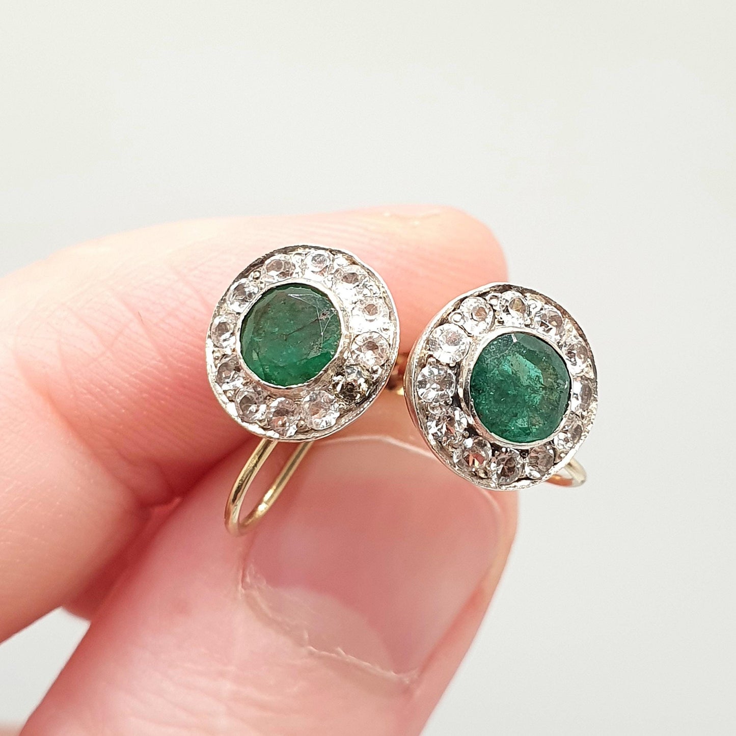 Antique 9k 9ct Gold Emerald Earrings White Sapphire Cluster Halo Solid Silver Set Solid 9kt Vintage Jewellery Jewelry