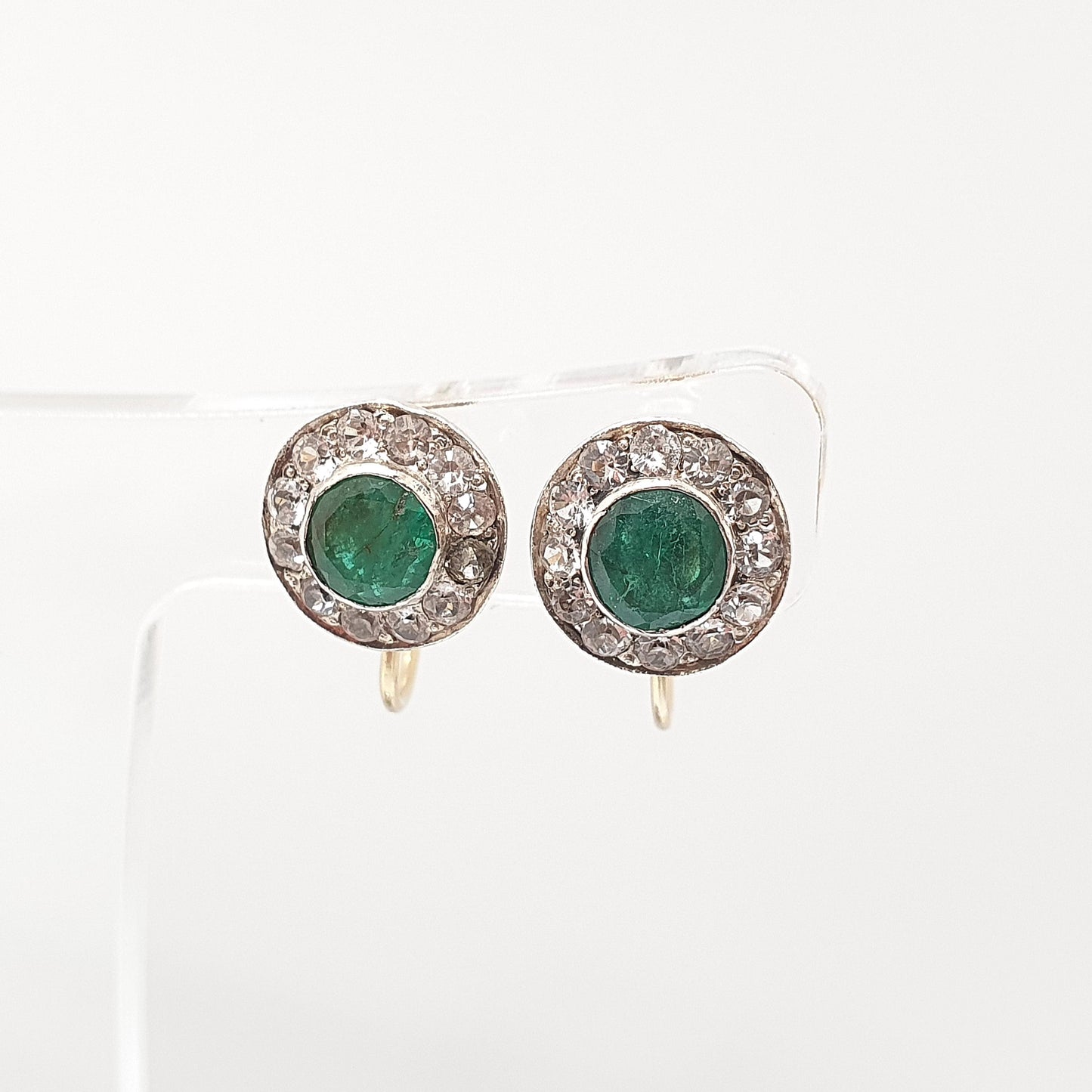 Antique 9k 9ct Gold Emerald Earrings White Sapphire Cluster Halo Solid Silver Set Solid 9kt Vintage Jewellery Jewelry