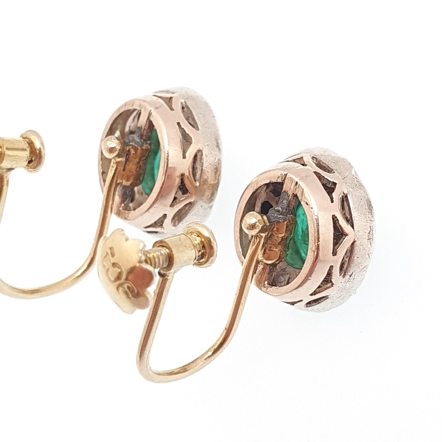 Antique 9k 9ct Gold Emerald Earrings White Sapphire Cluster Halo Solid Silver Set Solid 9kt Vintage Jewellery Jewelry