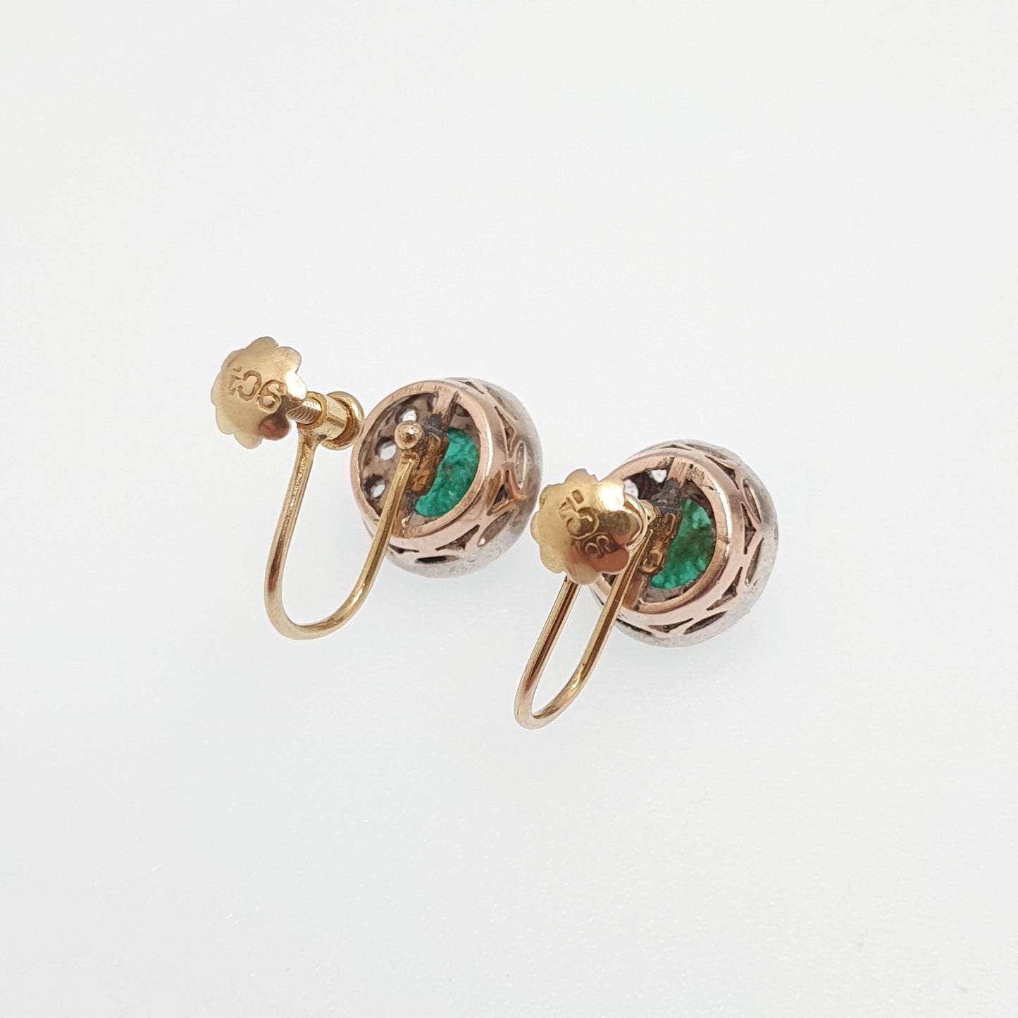 Antique 9k 9ct Gold Emerald Earrings White Sapphire Cluster Halo Solid Silver Set Solid 9kt Vintage Jewellery Jewelry