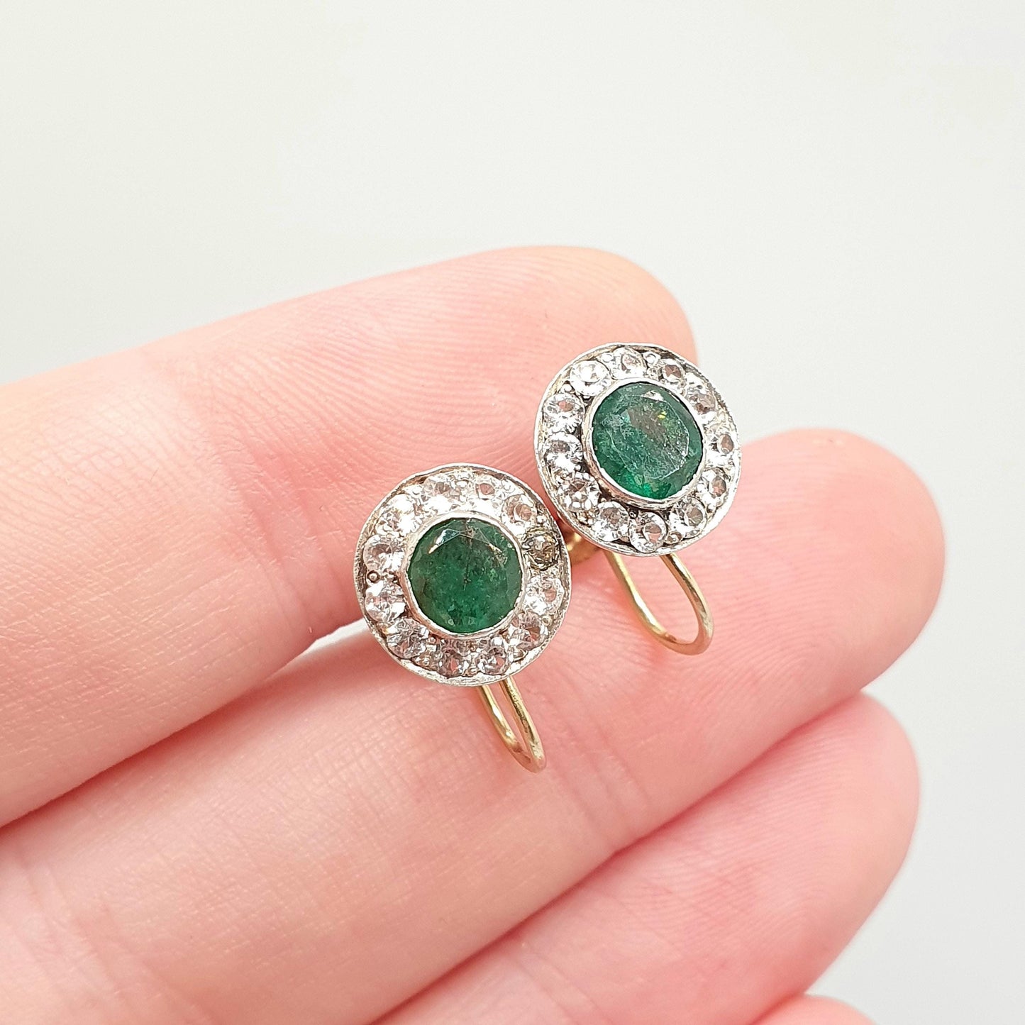 Antique 9k 9ct Gold Emerald Earrings White Sapphire Cluster Halo Solid Silver Set Solid 9kt Vintage Jewellery Jewelry