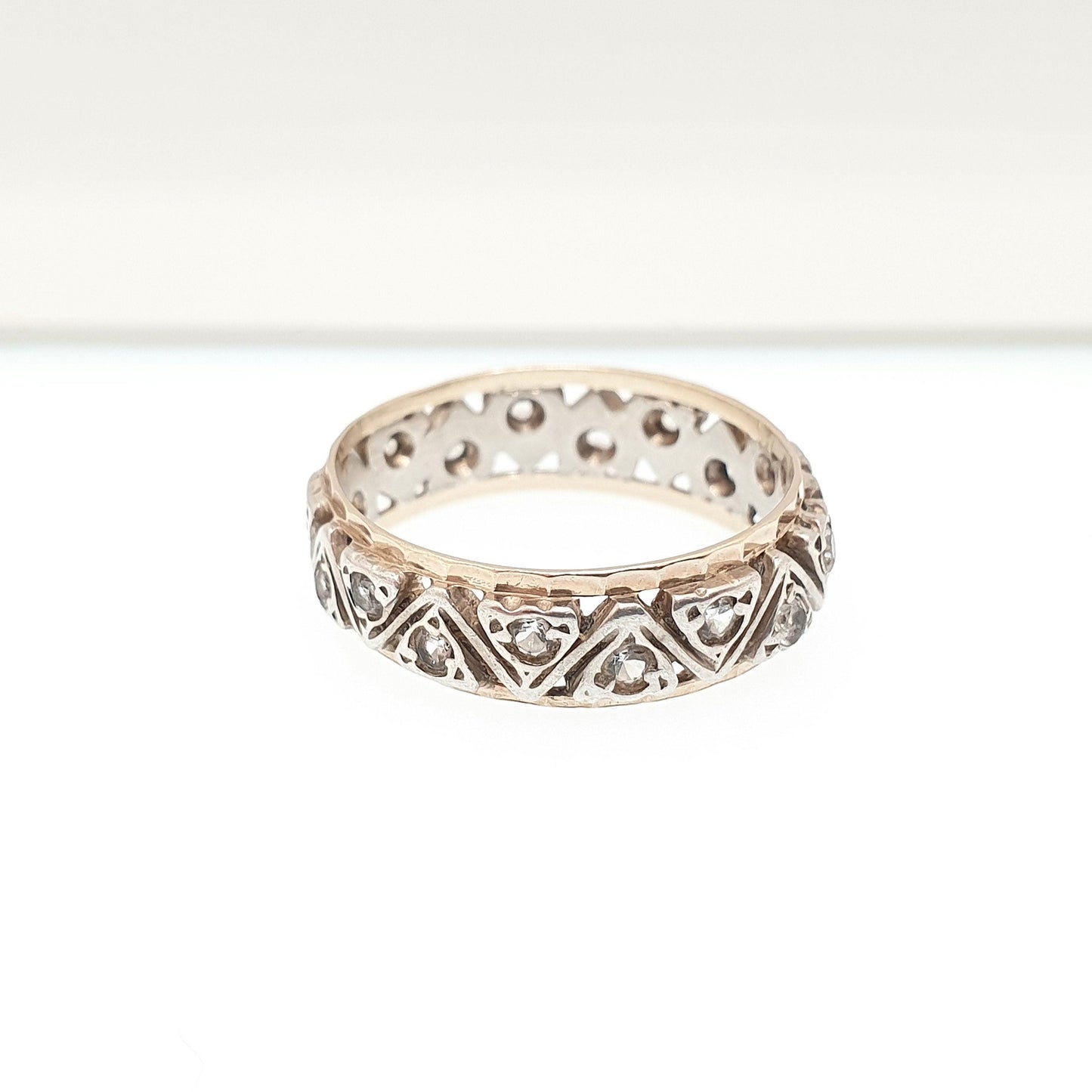 Antique 9ct 9k Gold Eternity Ring White Spinel Sterling Silver Band Solid 9kt Gold Art Deco Vintage 1920s Womens Jewelry Jewellery
