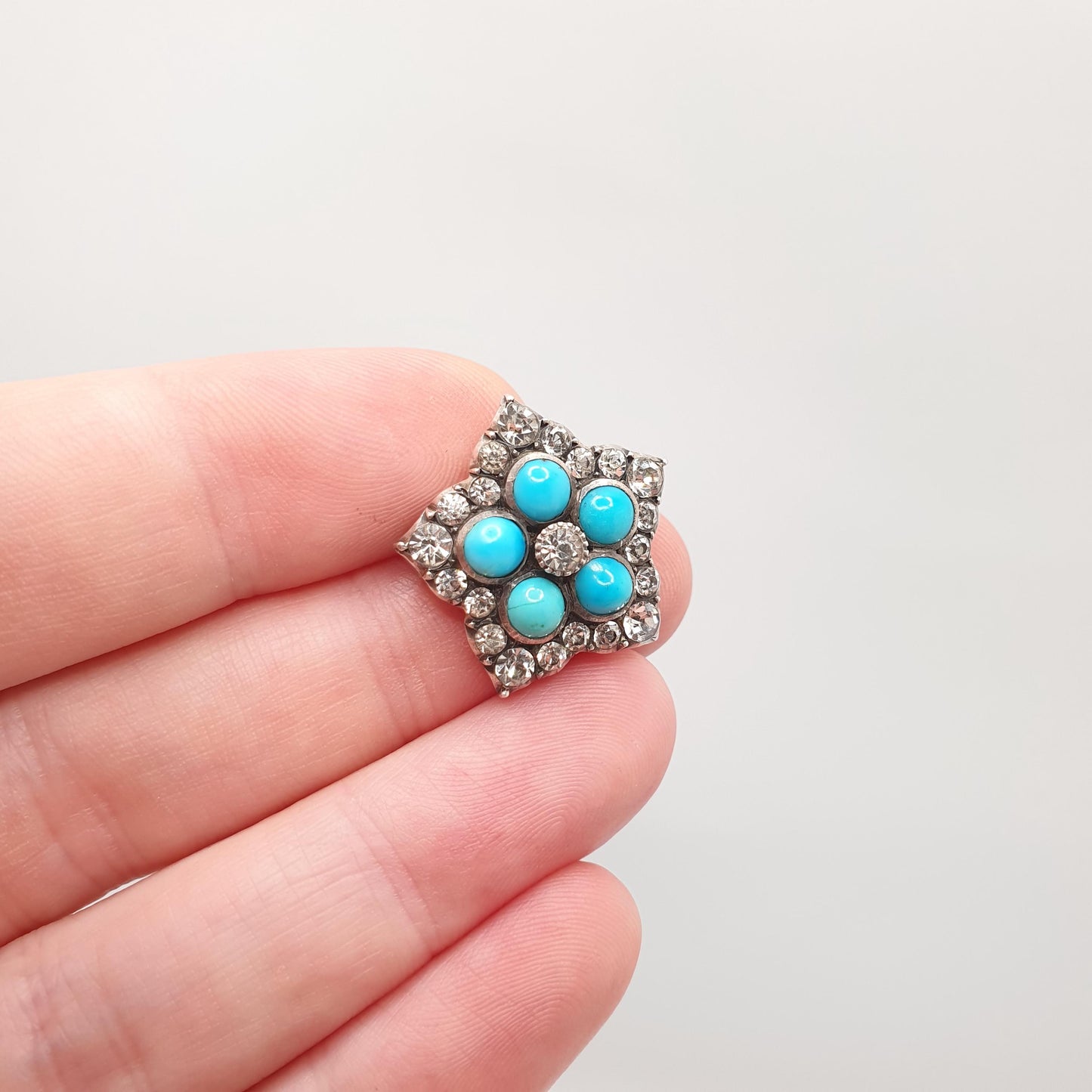 Antique Victorian Diamond Paste Solid Silver Star Brooch Pin Forget Me Not Turquoise Glass Sparkly Womens Jewelry Jewellery