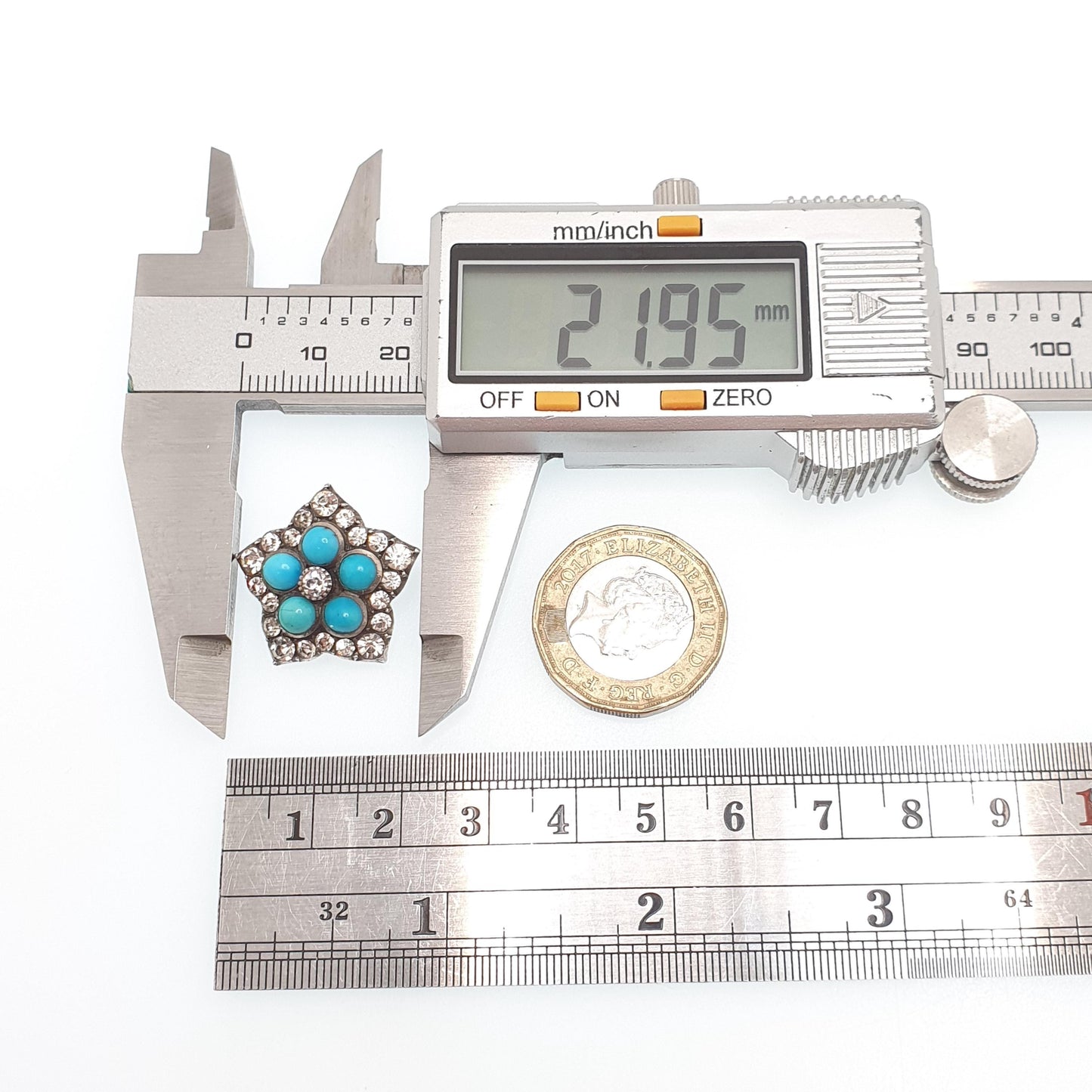 Antique Victorian Diamond Paste Solid Silver Star Brooch Pin Forget Me Not Turquoise Glass Sparkly Womens Jewelry Jewellery