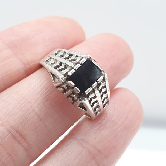 Vintage Solid Silver Onyx Signet Ring Arrow Shoulders Unisex Black Gemstone Mens Womens Jewelry Jewellery