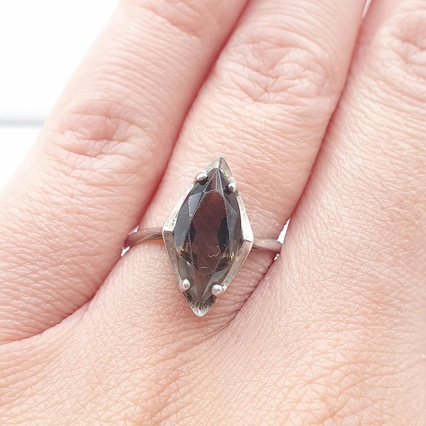 Vintage Solid Silver Smoky Quartz Ring Brown Gemstone Kite Cut Solitaire 1979 Hallmark Womens Jewelry Jewellery