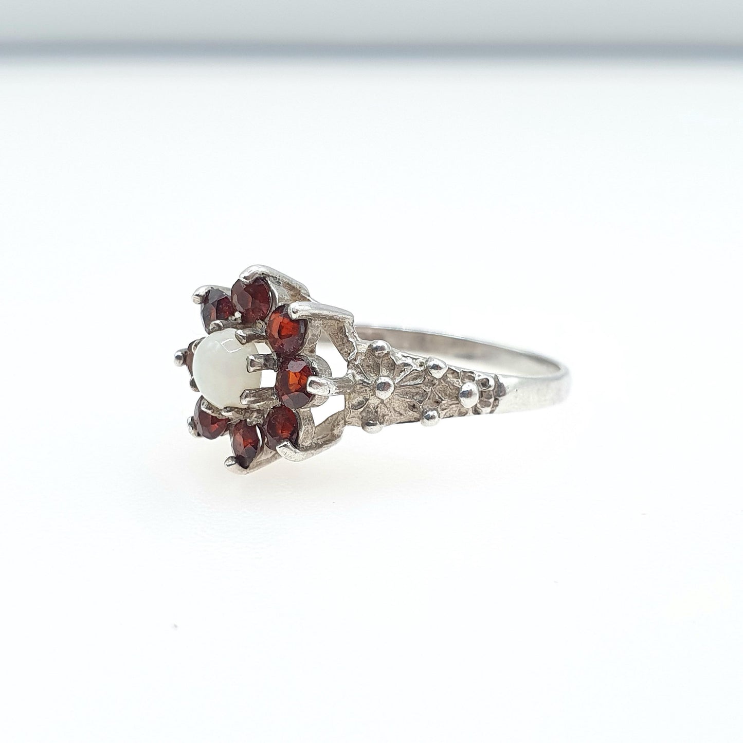 Vintage Sterling Silver Garnet & Opal Cluster Ring Red Gemstone 1979 Hallmark Womens Girls Jewelry Jewellery