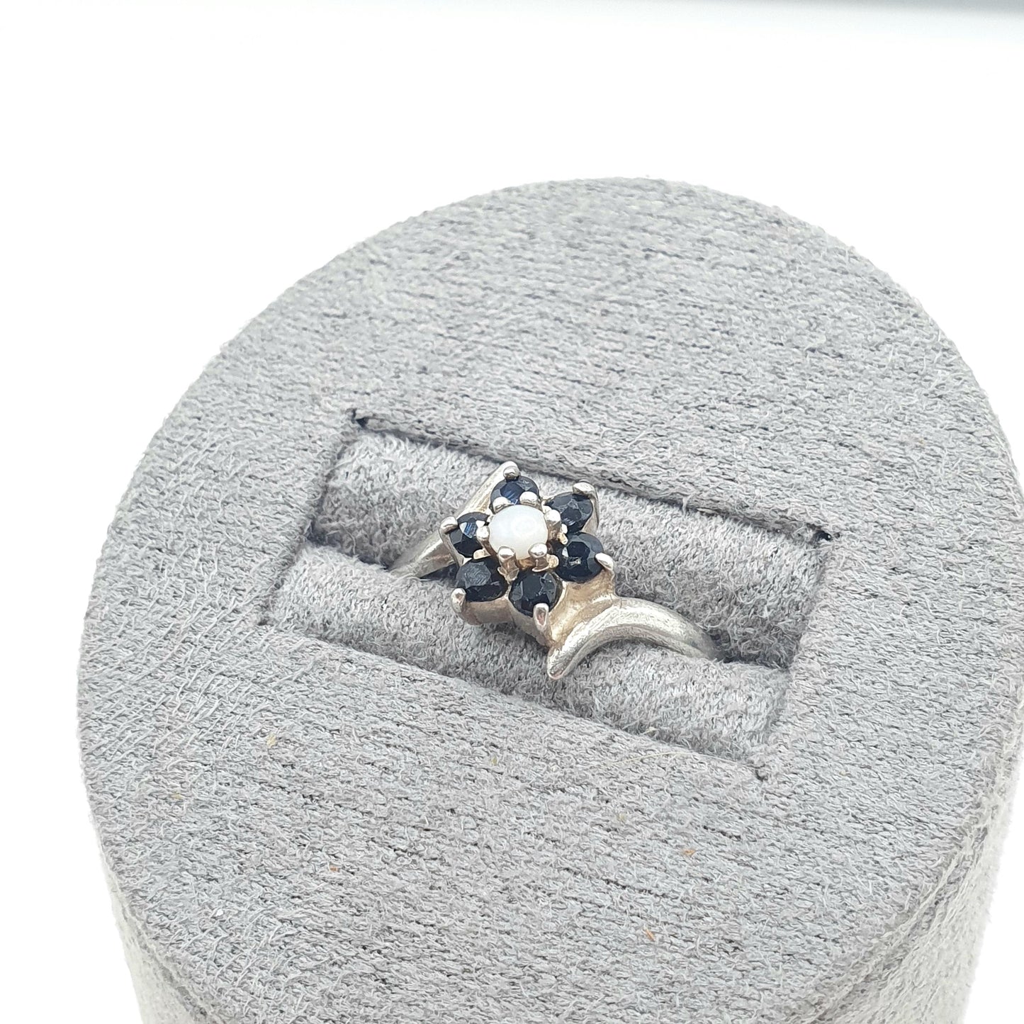 Vintage Sterling Silver Sapphire & Opal Cluster Ring Blue Gemstone Halo 1993 Hallmark Womens Girls Jewelry Jewellery