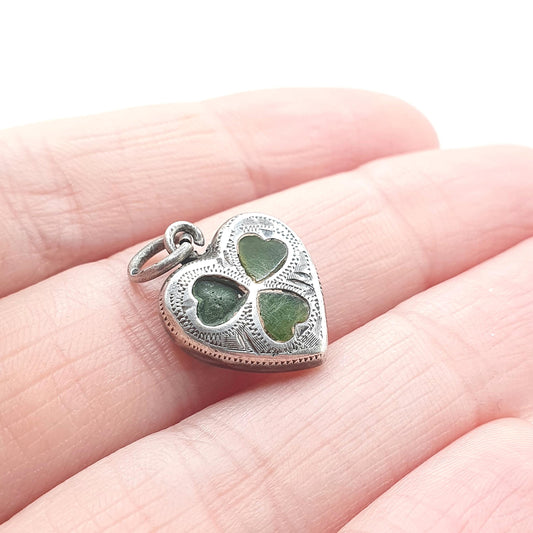 Antique Sterling Silver Connemara Marble Clover Charm Pendant Heart Necklace Lucky Good Luck Jewelry Vintage Jewellery