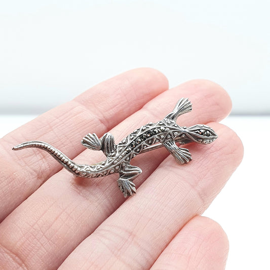 Antique Solid Silver Art Deco Marcasite Lizard Brooch French Silver Hallmarks Womens Reptile Jewelry Jewellery