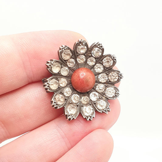 Antique Solid Silver Diamond Paste Coral Brooch Victorian Flower Floral Diamond Pastes Vintage Fine Womens Jewellery Jewelry
