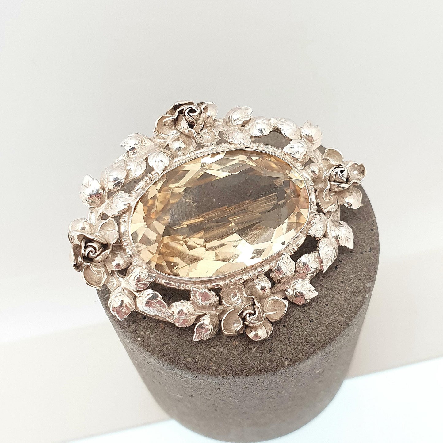 Antique Sterling Silver Citrine Brooch Very Rare Art Nouveau Genuine Real Gemstone Vintage Jewelry Jewellery