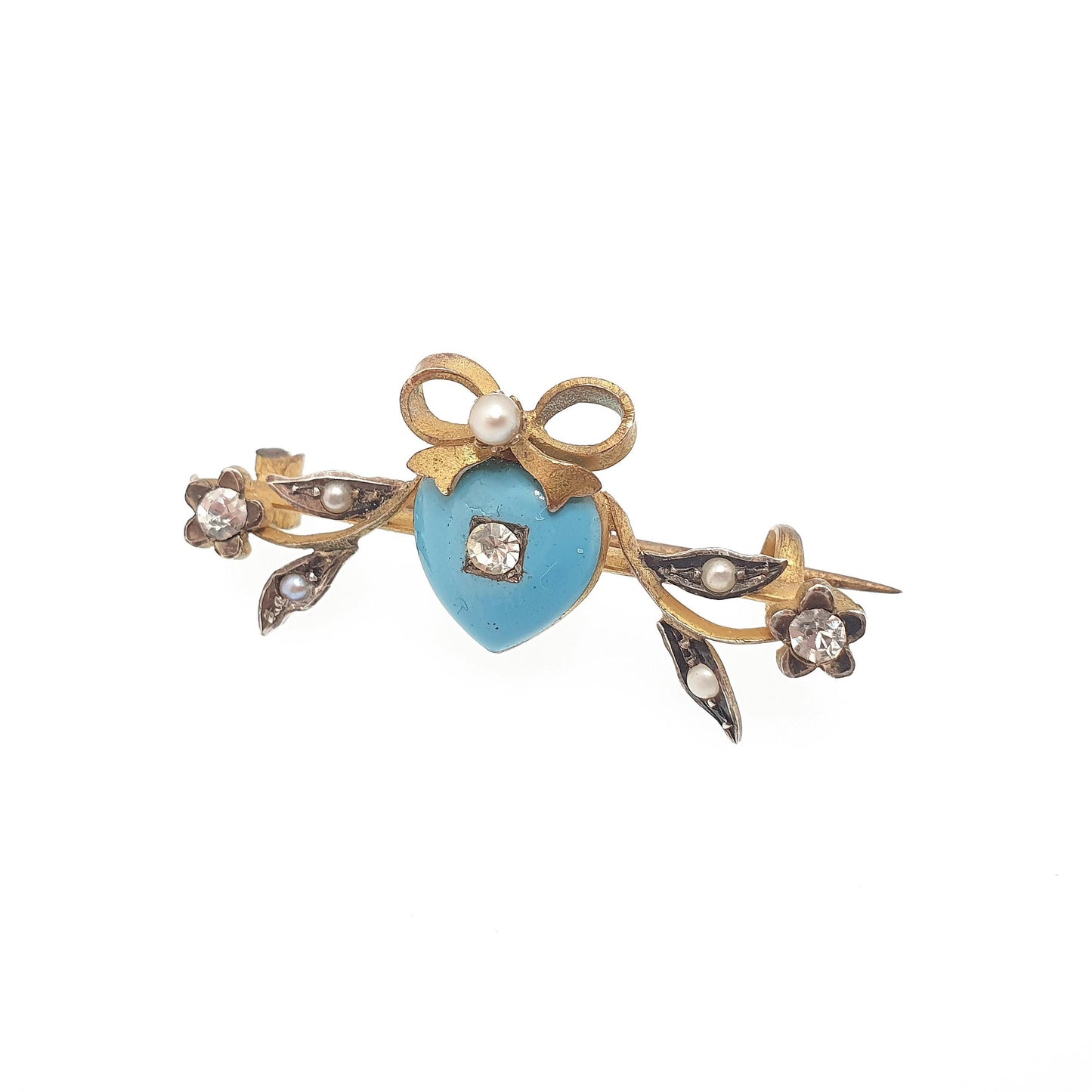 Antique Victorian Gold Gilt Enamel Heart Brooch Sky Blue Diamond Paste Bow Sweetheart Womens Jewelry Jewellery Vintage