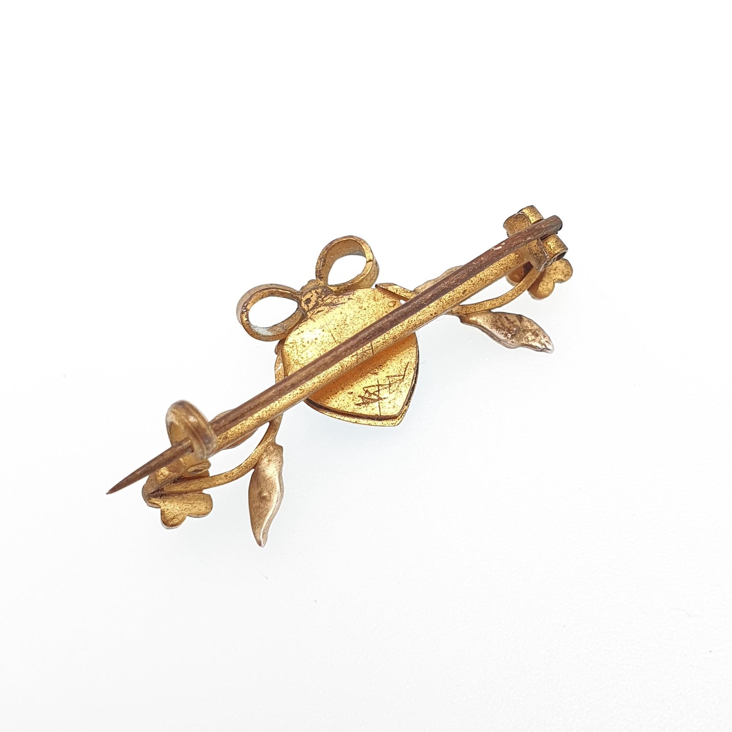 Antique Victorian Gold Gilt Enamel Heart Brooch Sky Blue Diamond Paste Bow Sweetheart Womens Jewelry Jewellery Vintage