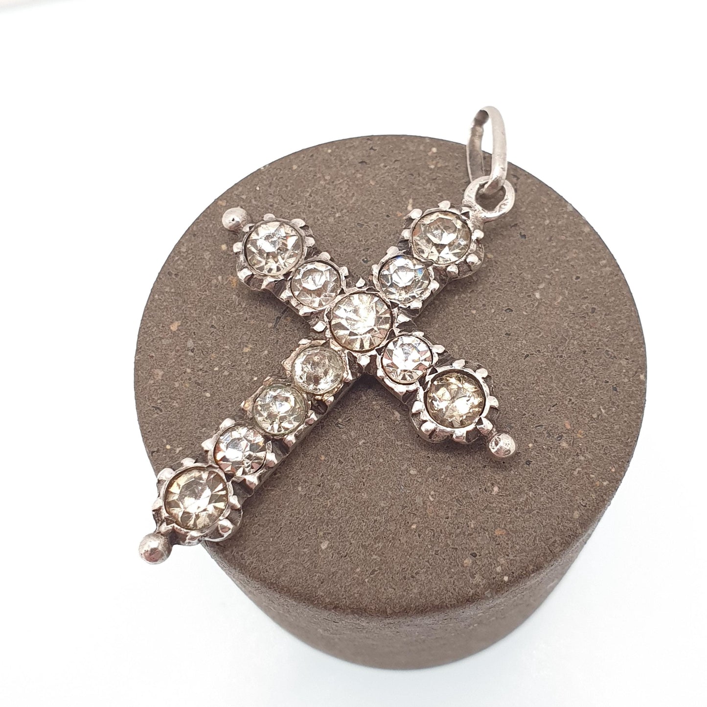 Antique Solid Silver Paste Crucifix Pendant Cross Necklace French Jewelry Sparkly Christian Catholic Jewellery Jewelry