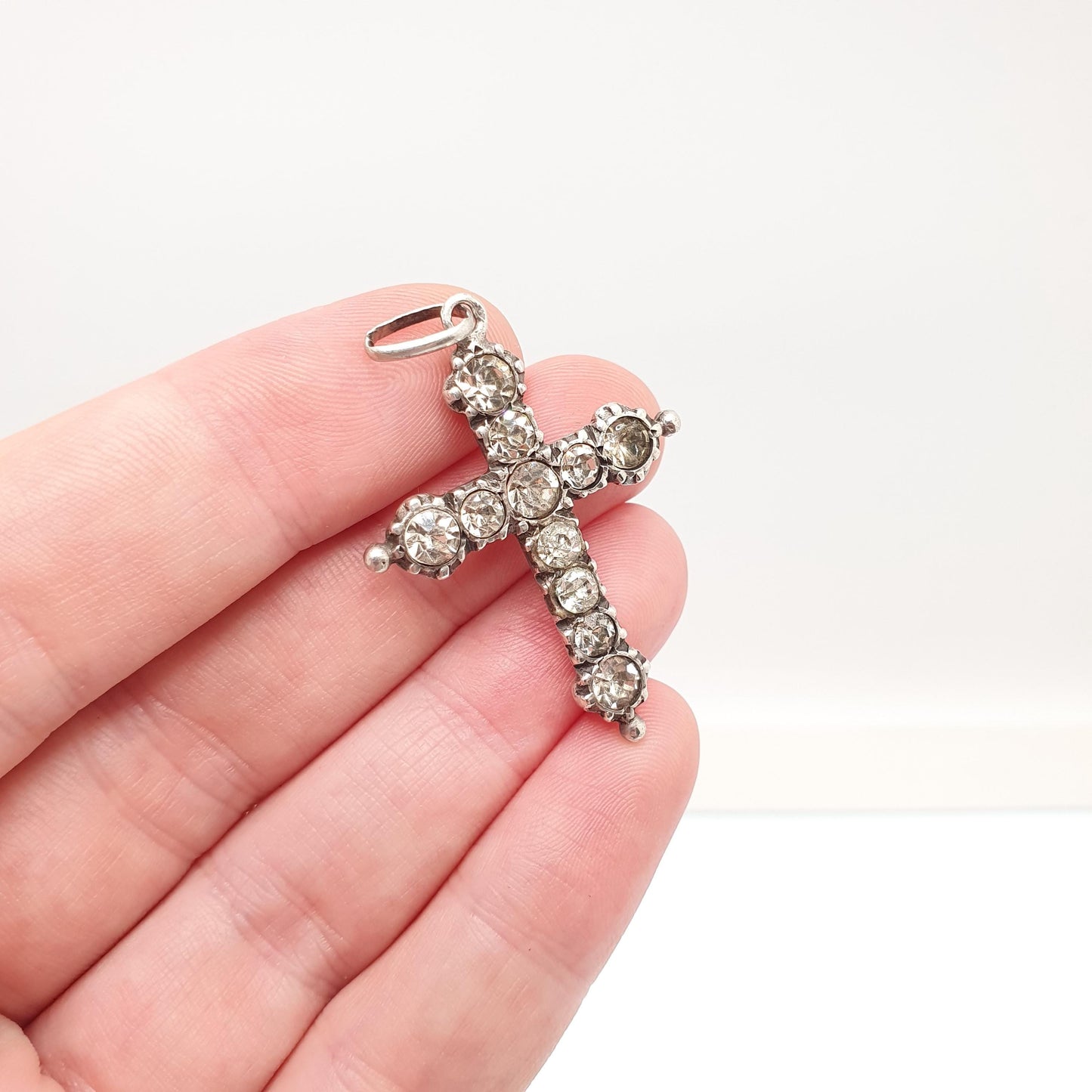 Antique Solid Silver Paste Crucifix Pendant Cross Necklace French Jewelry Sparkly Christian Catholic Jewellery Jewelry
