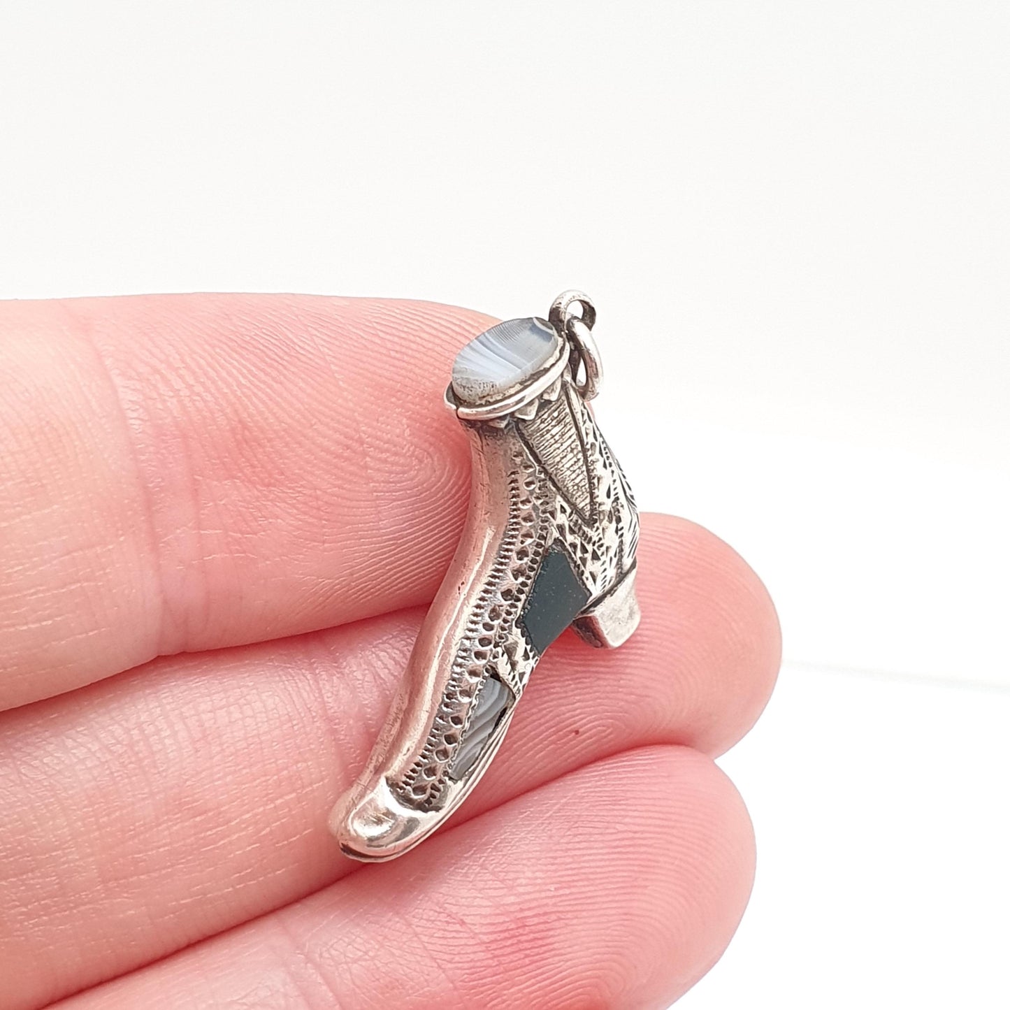 Antique Sterling Silver Victorian Shoe Pendant Necklace Scottish Montrose Lace Agate Bloodstone Charm Vintage Jewelry Jewellery