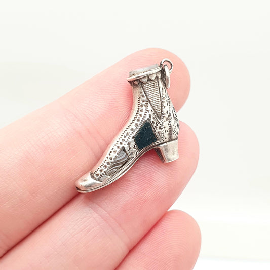Antique Sterling Silver Victorian Shoe Pendant Necklace Scottish Montrose Lace Agate Bloodstone Charm Vintage Jewelry Jewellery