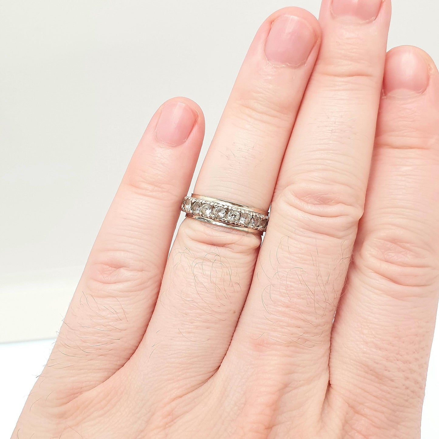 Antique 9ct 9k Gold White Spinel Eternity Ring Sterling Silver Band Solid 9kt Gold Art Deco Vintage 1920s Womens Jewelry Jewellery