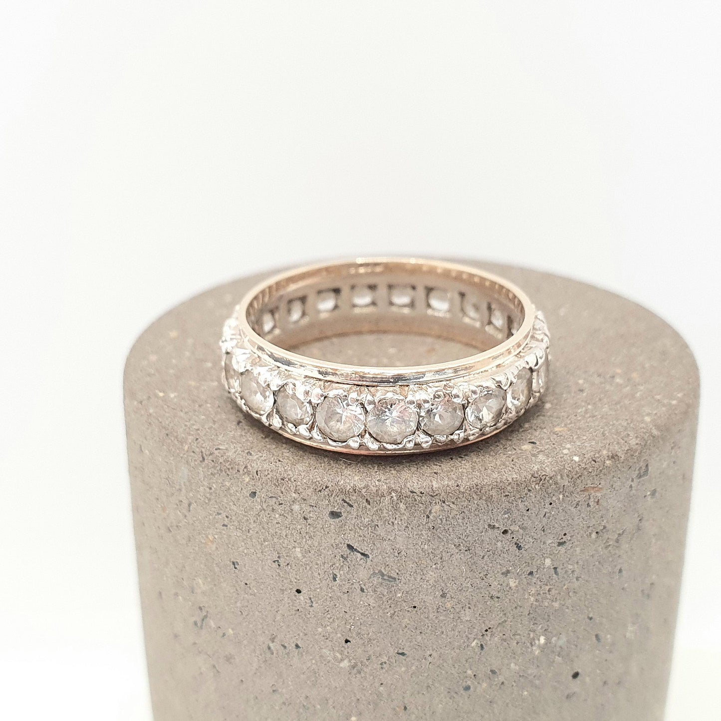 Antique 9ct 9k Gold White Spinel Eternity Ring Sterling Silver Band Solid 9kt Gold Art Deco Vintage 1920s Womens Jewelry Jewellery