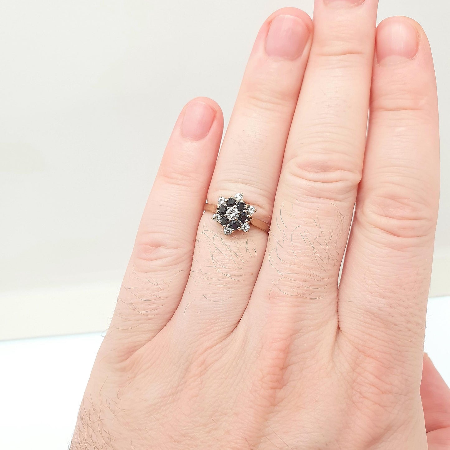 Vintage 9ct 9kt Gold Sapphire Halo Ring CZ Cluster Large Big Dark Blue Sparkly Gemstone Solid Yellow 375 Retro Womens Jewelry Jewellery