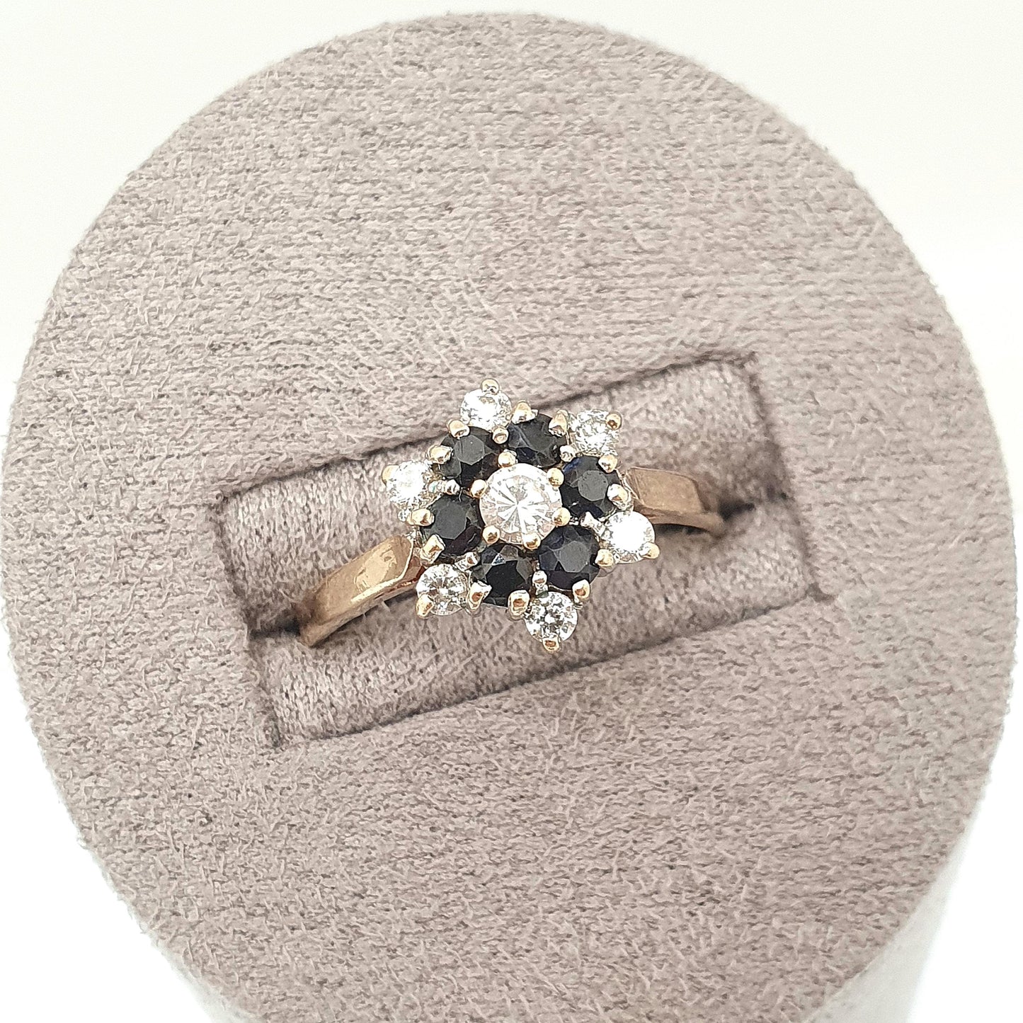 Vintage 9ct 9kt Gold Sapphire Halo Ring CZ Cluster Large Big Dark Blue Sparkly Gemstone Solid Yellow 375 Retro Womens Jewelry Jewellery