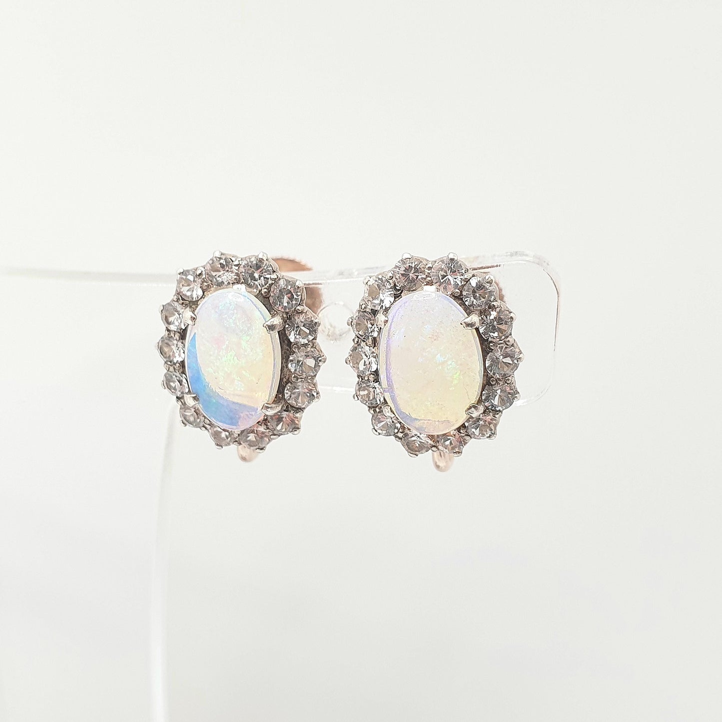 Antique Victorian Opal 9k 9ct Gold Earrings Translucent White Sapphire Cluster Halo Solid Silver Set Oval Cut Vintage Jewelry Jewellery