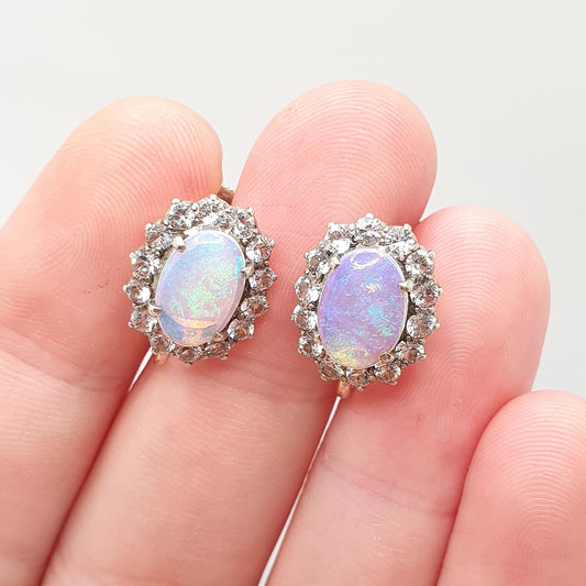 Antique Victorian Opal 9k 9ct Gold Earrings Translucent White Sapphire Cluster Halo Solid Silver Set Oval Cut Vintage Jewelry Jewellery