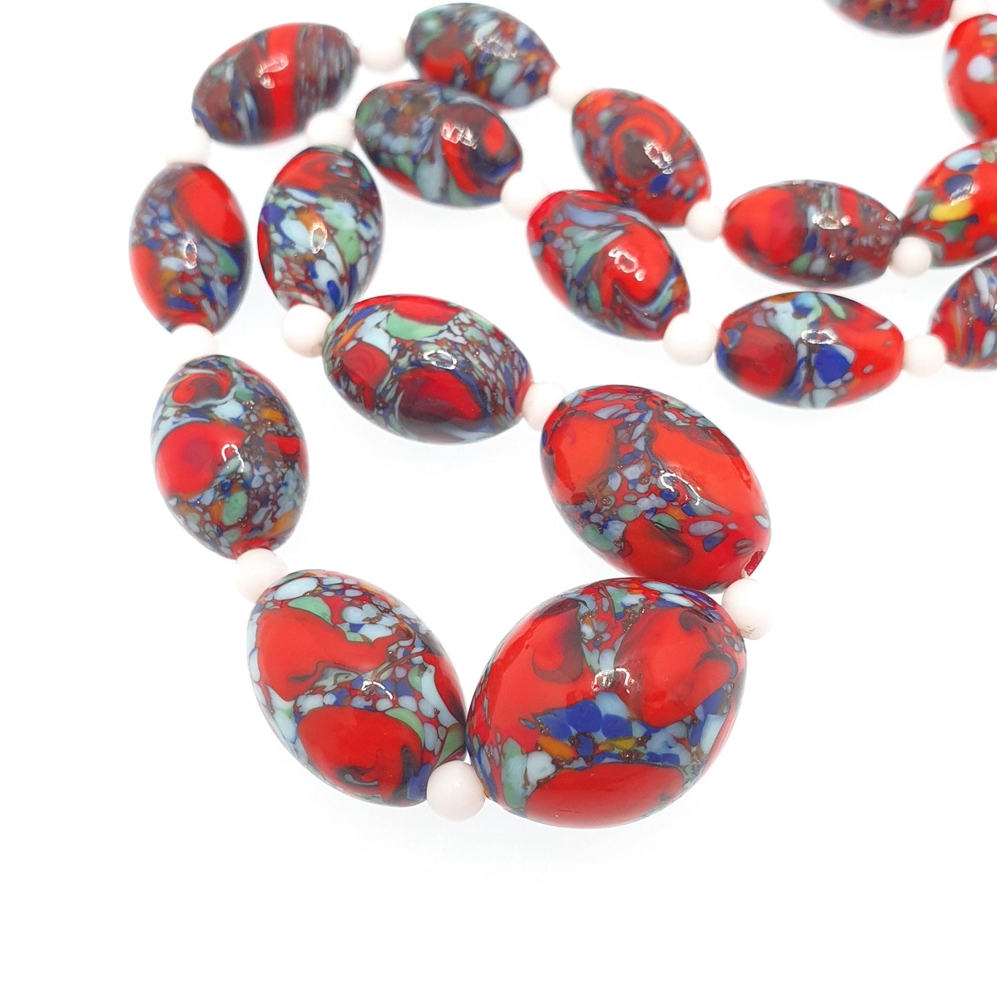 Antique Venetian Murano Glass Bead Necklace Millefiori Pebble Dash Red Blue 1920s 42cm 48.49g Venice Vintage Italian Jewelry Jewellery